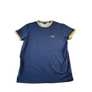 Nick Danger Shirt Navy Blue Yellow Trim Pullover Sz Large Yellow Emblem Stretch